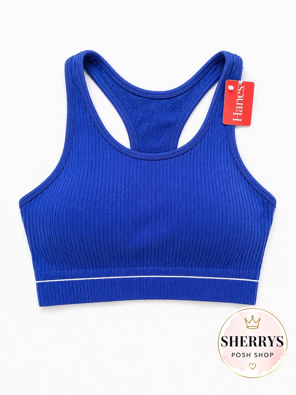 🔥 NWT Hanes Sports Bra M Blue Ribbed COMFY EVERYDAY MUST HAVE Gym Lounge